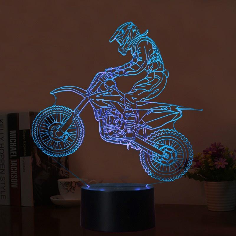 Novelty 3D Table Lamp featuring a motocross bike design with LED lights in 7 colors, perfect for night lighting.